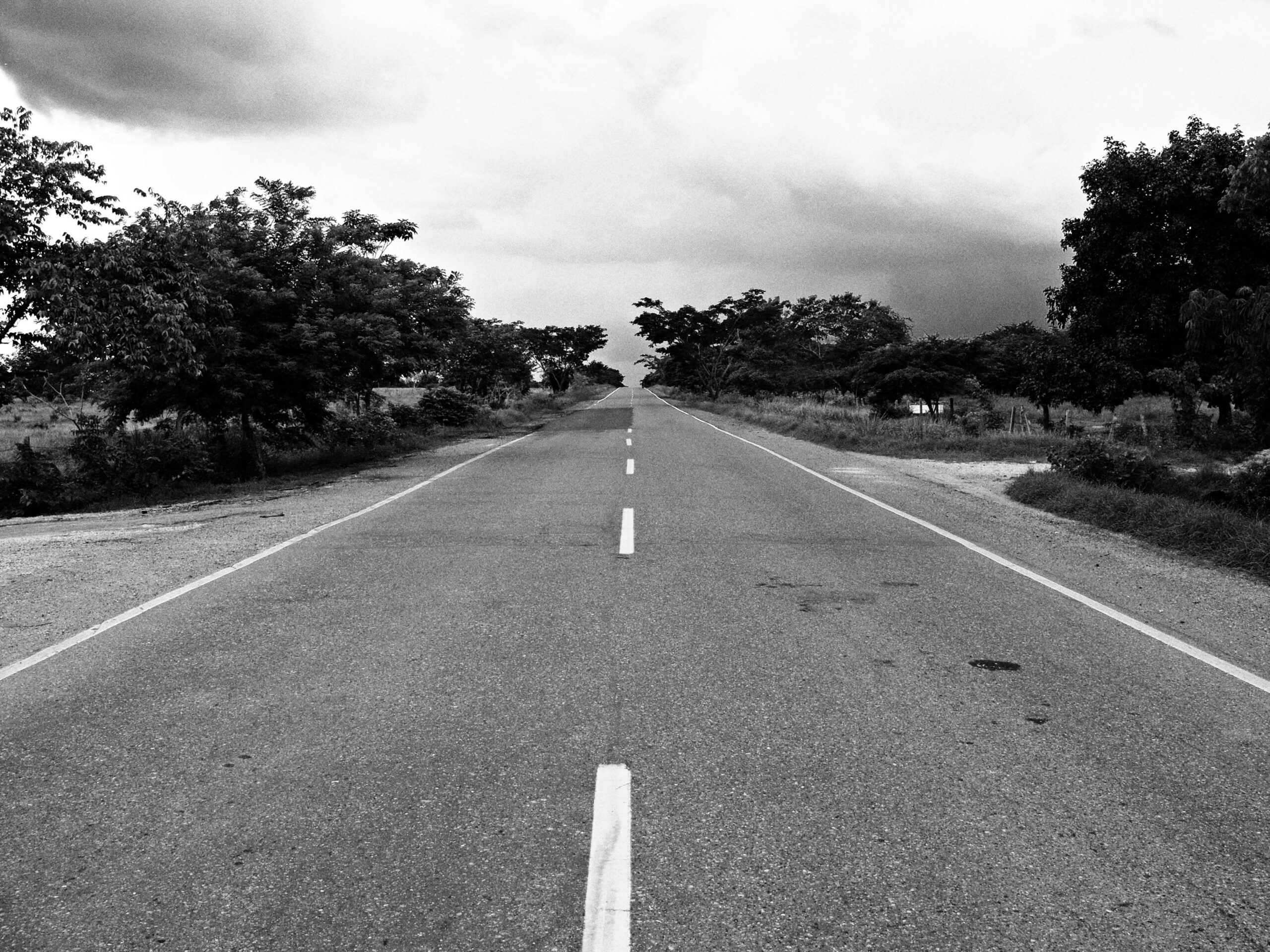 Black and white photo of a long, straight road lined with trees under a cloudy sky.